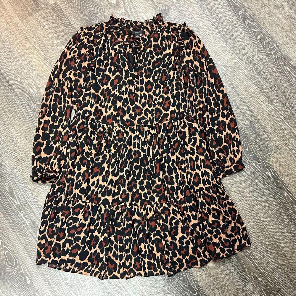 J. Crew Long Sleeve Tiered Ruffle Dress Chetah Leopard Pattern Size XS EUC